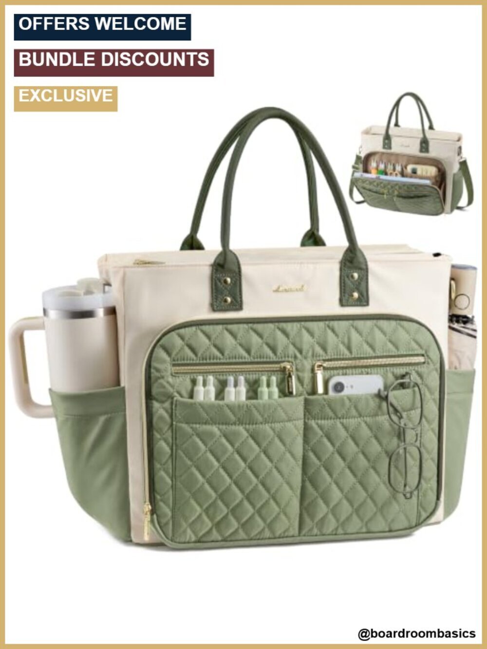 Quilted Polyester Laptop Tote Bag with Multi-Pockets for Work Travel